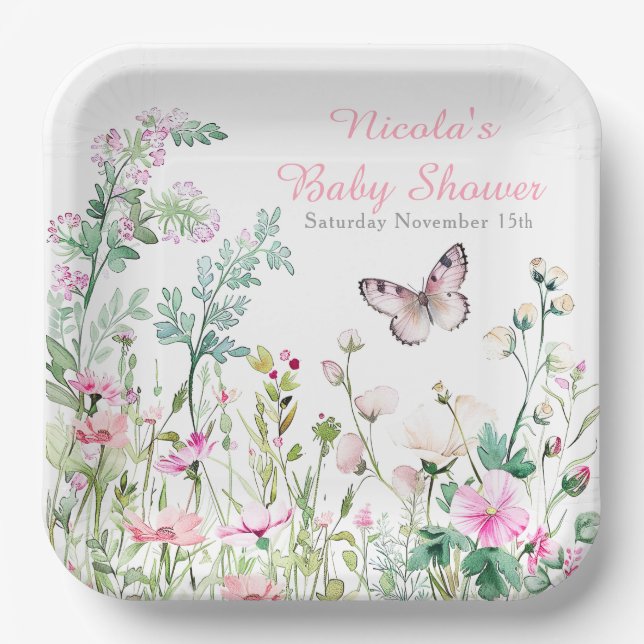 Plato De Papel Baby Shower floral de mariposa verde primavera (Anverso)