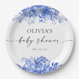 Plato De Papel Baby Shower floral de porcelana azul