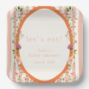 Plato De Papel Baby Shower floral de rayas rosadas Garden