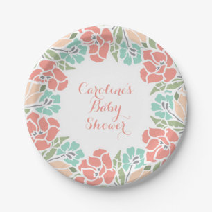 Plato De Papel Baby Shower floral en coral y trullo