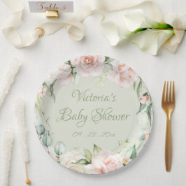 Plato De Papel Baby Shower floral personalizada Sage Green