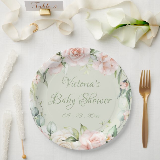 Plato De Papel Baby Shower floral personalizada Sage Green (Boda)