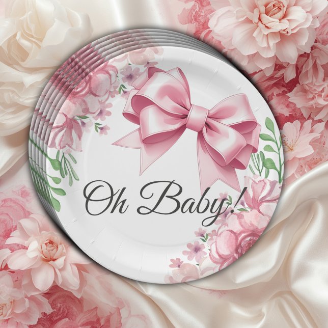 Plato De Papel Baby Shower Floral Pink Bow (Subido por el creador)
