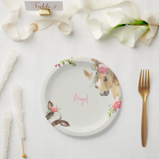 Plato De Papel Baby Shower Floral Rosa Pony & Cow (Boda)