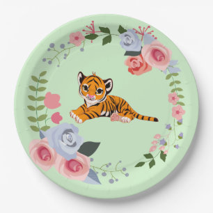 Plato De Papel Baby Shower floral Tiger Cub