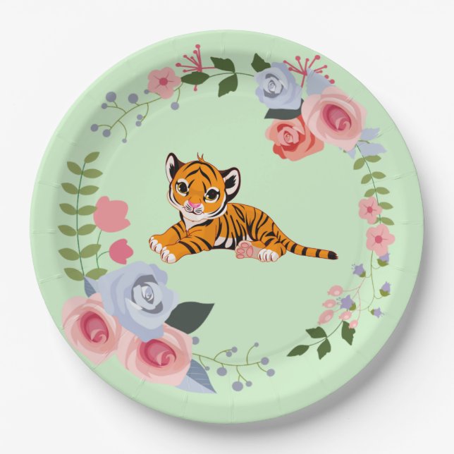 Plato De Papel Baby Shower floral Tiger Cub (Anverso)