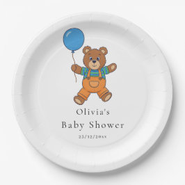 Plato De Papel Baby Shower for Boy Blue Balloon Teddy Bear 