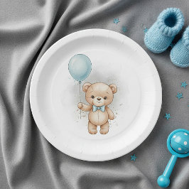 Plato De Papel Baby Shower for Boy Blue Balloon , Teddy Bear Bow