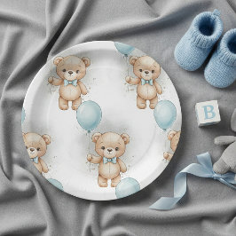 Plato De Papel Baby Shower for Boy Blue Balloon , Teddy Bear Bow
