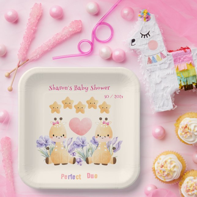Plato De Papel Baby Shower gemelo | Cute Giraffe Baby Shower (Fiesta)