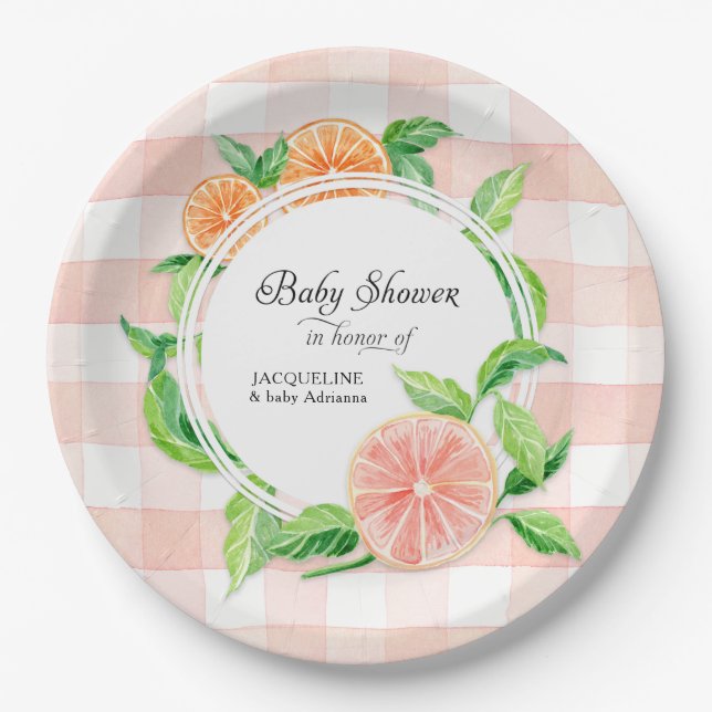 Plato De Papel Baby Shower Gingham Granja Estampado Rosa Naranja  (Anverso)