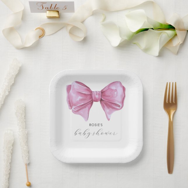 Plato De Papel Baby Shower Girly Pink Watercolor Bow (Boda)