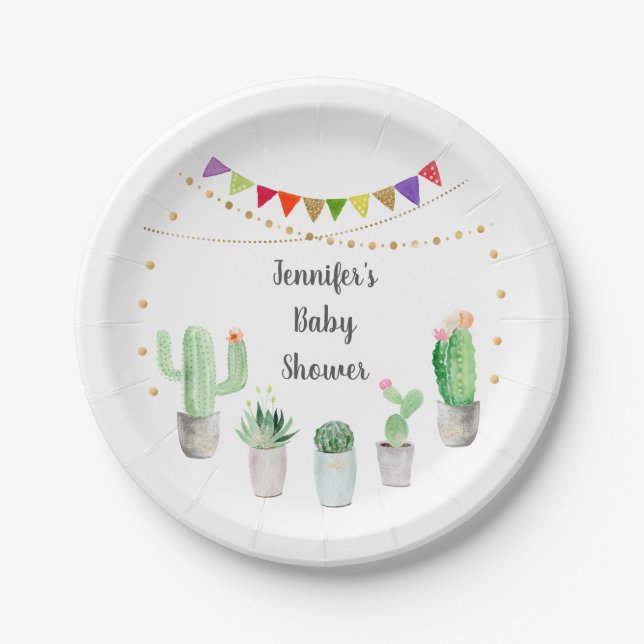 Plato De Papel Baby Shower Gold Fiesta Cactus (Anverso)