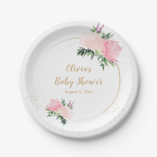 Plato De Papel Baby Shower Gold Pink Floral (Anverso)