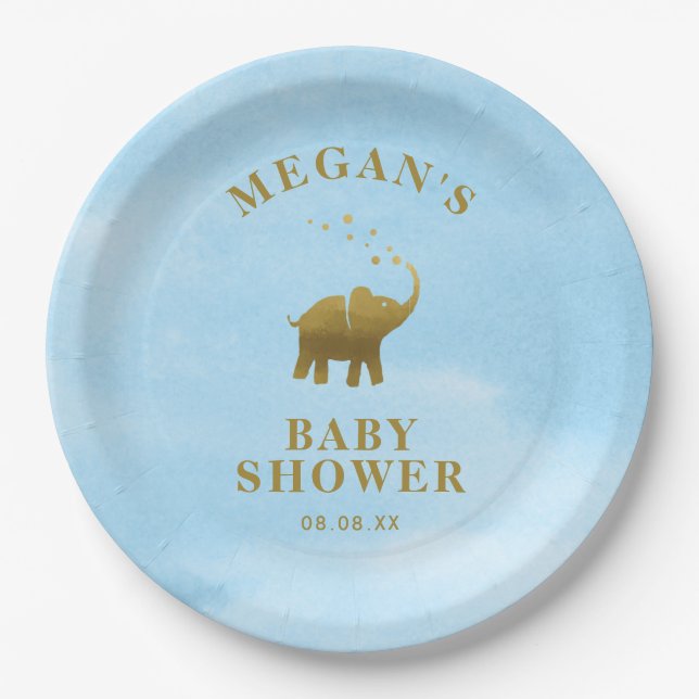 Plato De Papel Baby Shower Golden Elephant Blue Watercolor (Anverso)