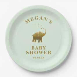 Plato De Papel Baby Shower Golden Elephant Mint Green