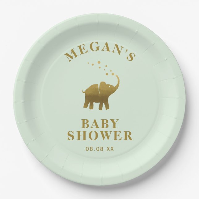Plato De Papel Baby Shower Golden Elephant Mint Green (Anverso)