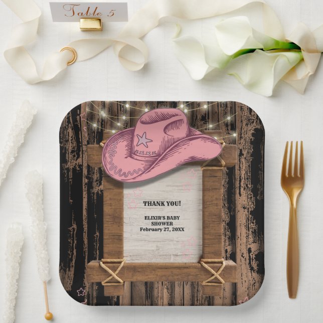 Plato De Papel Baby Shower, Gorra de Cowgirl rustica (Boda)