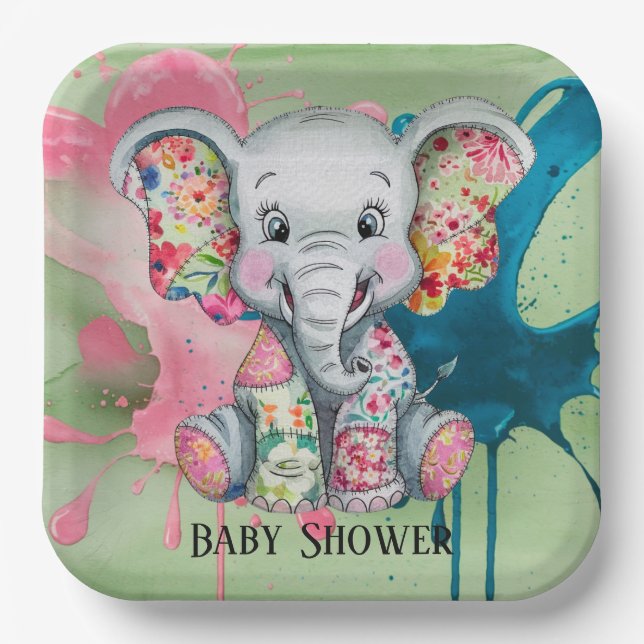 Plato De Papel Baby Shower Gray Elephant Sewn Floral Patchwork (Anverso)