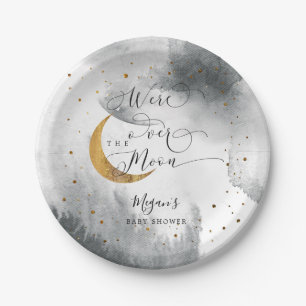 Plato De Papel Baby Shower Gray Over the Moon Gold Stars