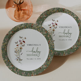 Plato De Papel Baby Shower Green Boho Wildflower