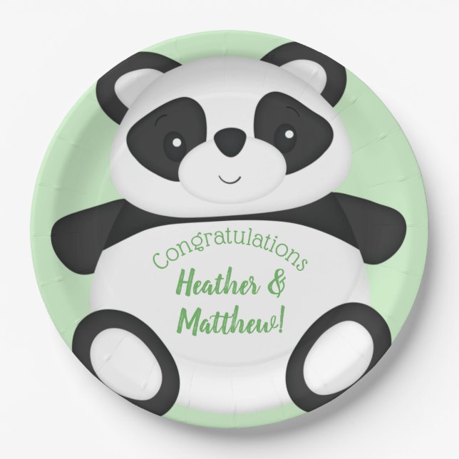 Plato De Papel Baby Shower Green Panda Bear (Anverso)