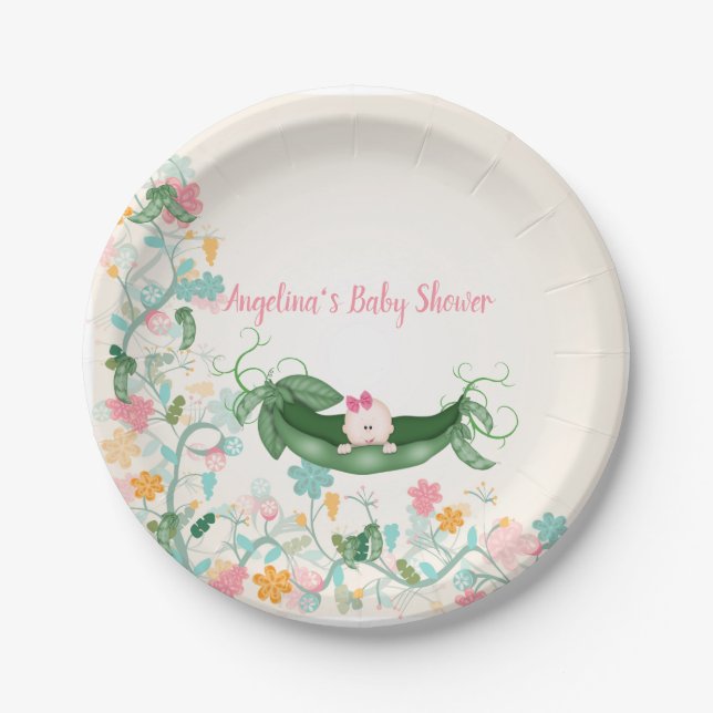 Plato De Papel Baby Shower Green Pea Pods Bebé (Anverso)