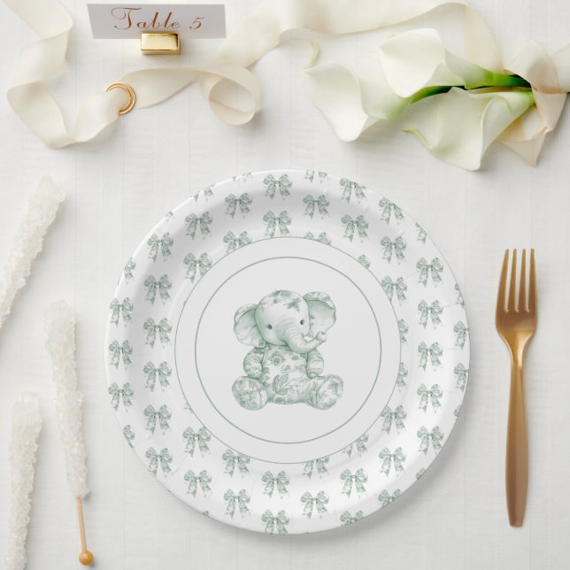 Plato De Papel Baby Shower Green Toile Elephant (Boda)