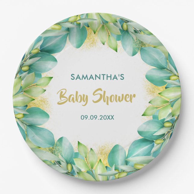 Plato De Papel Baby Shower Greenery Eucalyptus deja oliva (Anverso)