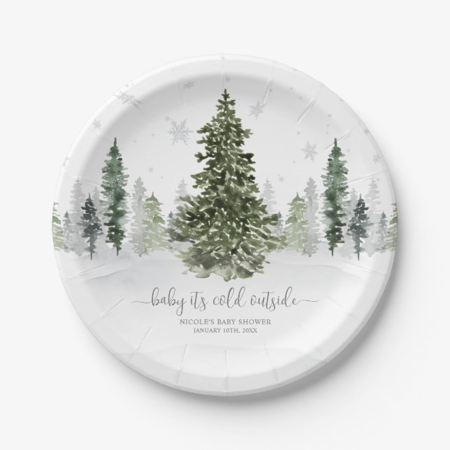 Plato De Papel Baby Shower gris de la selva de invierno acuarela (Anverso)