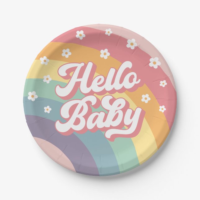 Plato De Papel Baby Shower Groovy Retro 70's Rainbow Daisy (Anverso)