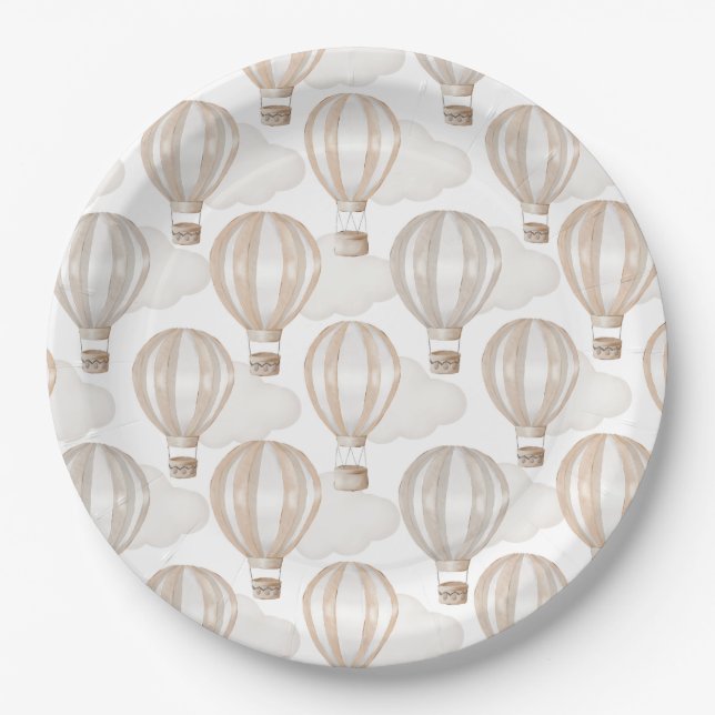 Plato De Papel Baby Shower Hot Air Balloons Gender Neutral (Anverso)