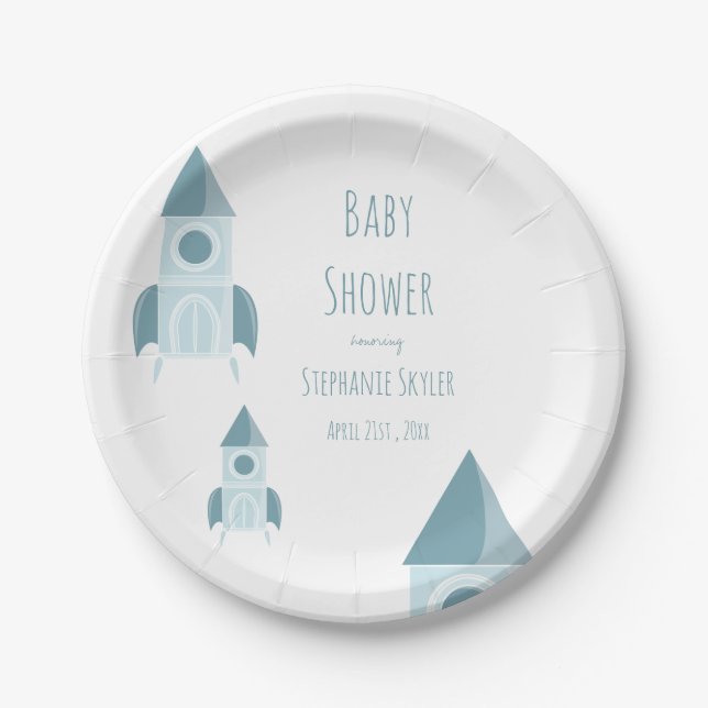 Plato De Papel Baby Shower Ilustrado White Blue Rocket Ship (Anverso)