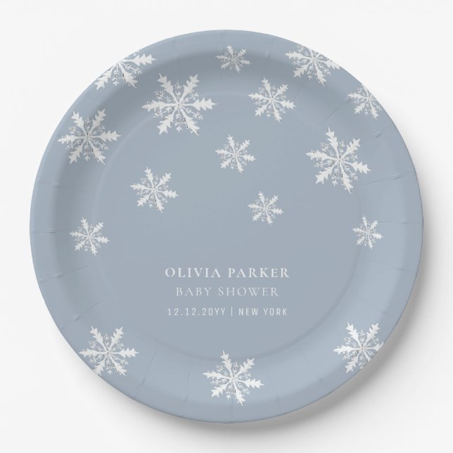 Plato De Papel Baby Shower Light Blue Boho Winter Snowflake (Anverso)