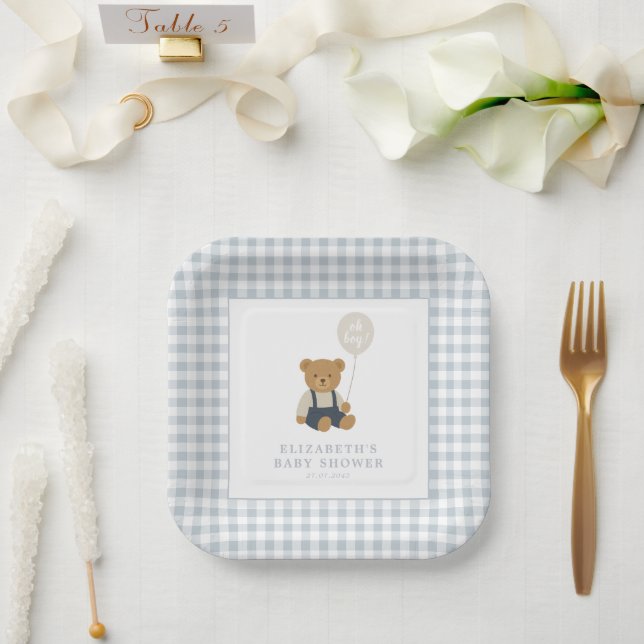 Plato De Papel Baby Shower Light Blue Gingham Teddy Bear (Boda)