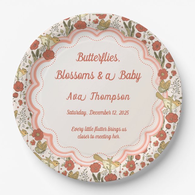 Plato De Papel Baby Shower | Mariposas y flores poéticas (Anverso)