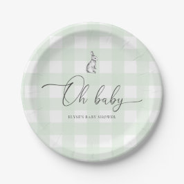 Plato De Papel Baby Shower Mint Green Gingham Bunny Rabbit