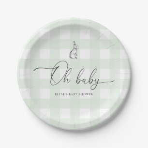 Plato De Papel Baby Shower Mint Green Gingham Bunny Rabbit