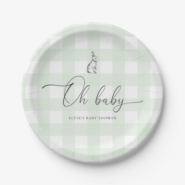 Plato De Papel Baby Shower Mint Green Gingham Bunny Rabbit (Anverso)