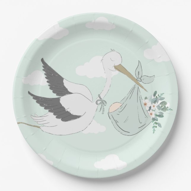 Plato De Papel Baby Shower Mint Green Stork (Anverso)