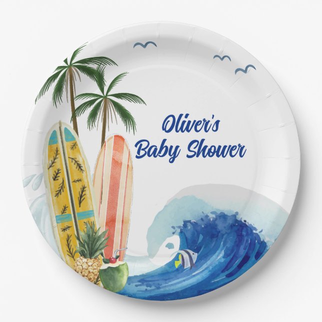Plato De Papel Baby Shower moderno Blue Ocean Wave Surfboard (Anverso)