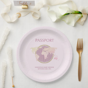 Plato De Papel Baby Shower moderno con tema de pasaporte rosado