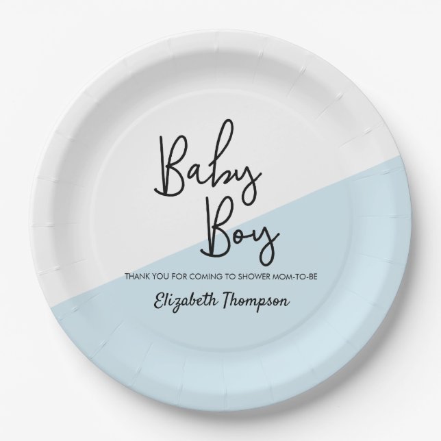 Plato De Papel Baby Shower moderno de Baby Boy Blue personalizado (Anverso)