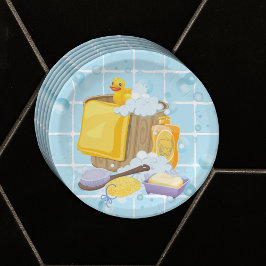 Plato De Papel Baby Shower moderno de burbujas de caucho Ducky