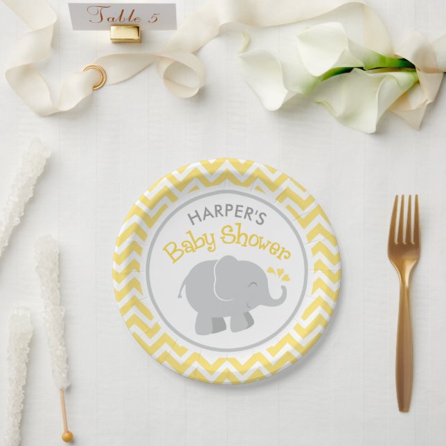 Plato De Papel Baby Shower moderno de elefantes amarillos y grise (Boda)