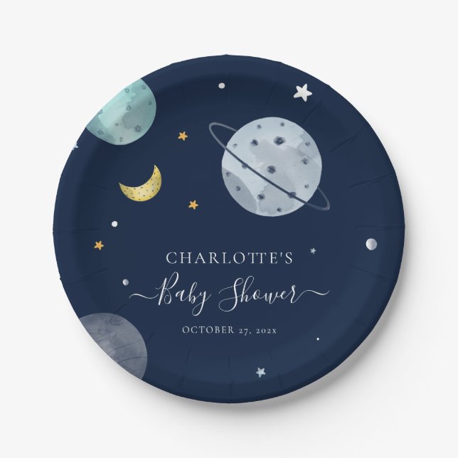 Plato De Papel Baby Shower moderno del espacio ultraterrestre (Anverso)