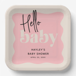 Plato De Papel Baby Shower moderno Hello Baby Pink & Cream