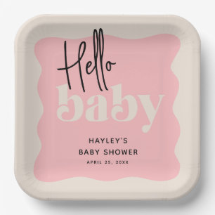 Plato De Papel Baby Shower moderno Hello Baby Pink & Cream