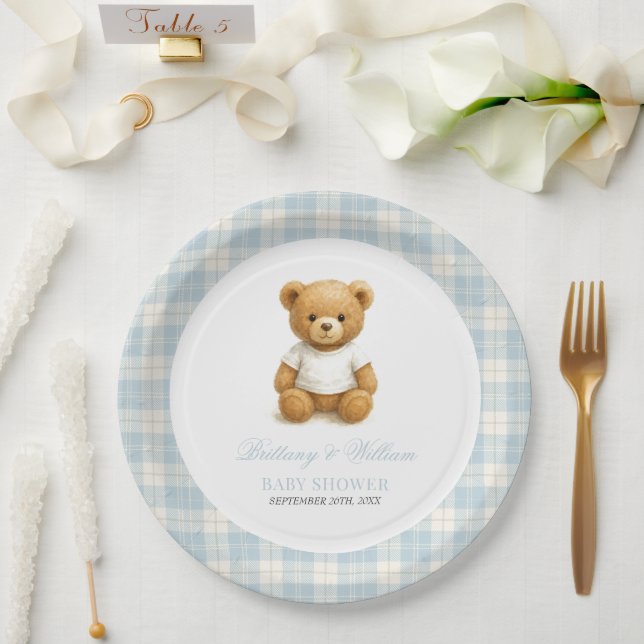 Plato De Papel Baby Shower moderno preppy Bear Blue Plaid (Boda)