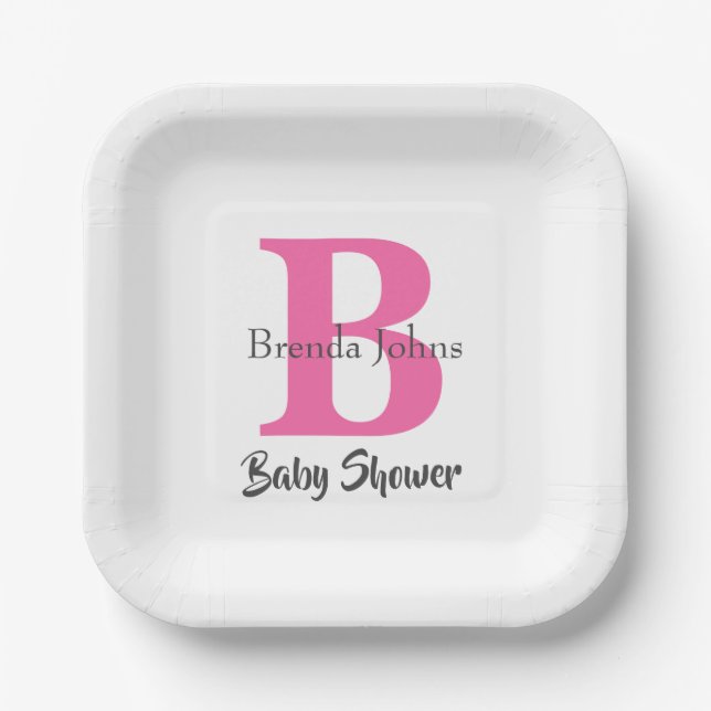 Plato De Papel Baby Shower Monograma Blanco Rosa Elegante (Anverso)